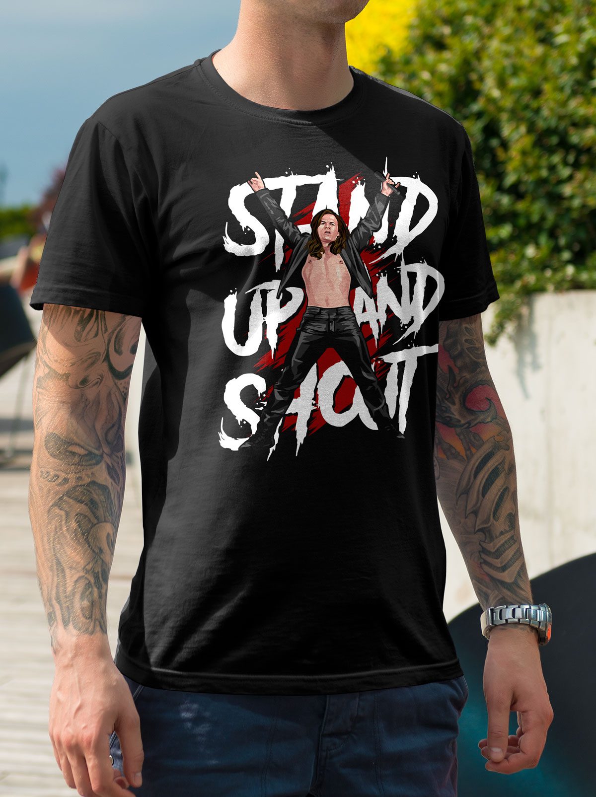 Man wearing steel dragon shirt